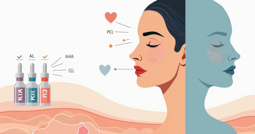 Ilustração de rosto feminino dividido ao meio mostrando efeitos dos bioestimuladores de colágeno na pele