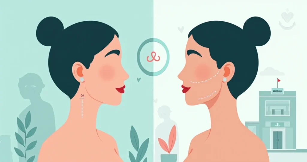 Ilustração de lipo de papada mostrando comparação de antes e depois no contorno do pescoço