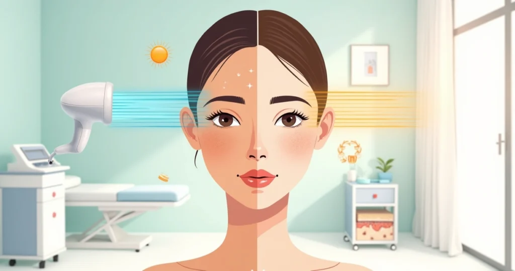 Ilustração de rosto feminino com hiperpigmentação clareando com luz intensa pulsada