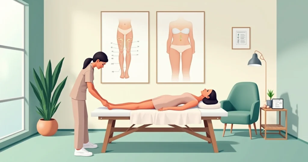 Profissional realizando drenagem linfática suave em pernas com lipedema em ambiente de clínica moderna