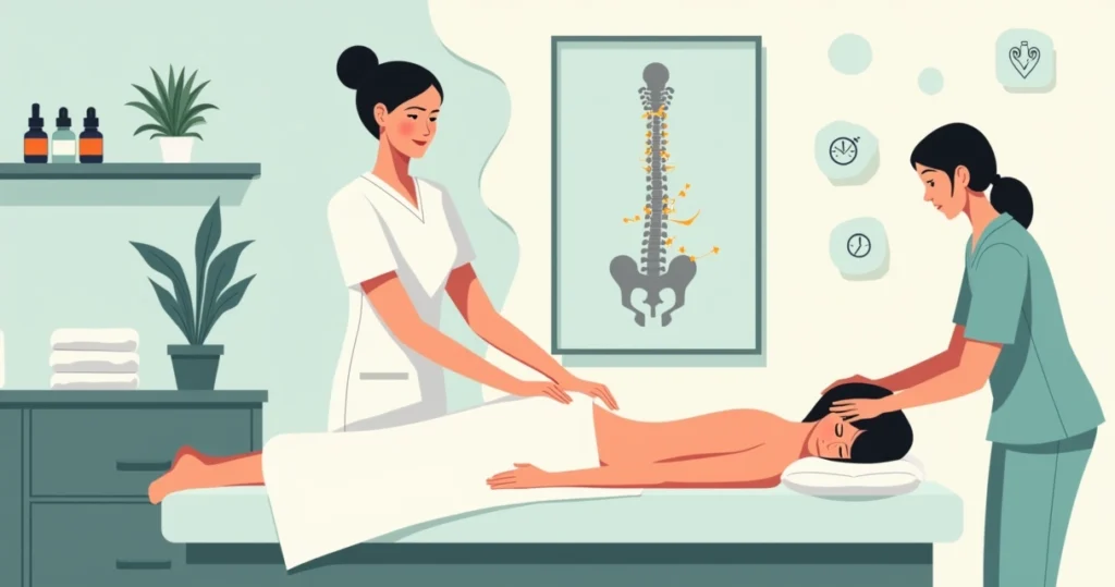 Sala de clínica de estética com massoterapeuta atendendo paciente deitada em maca