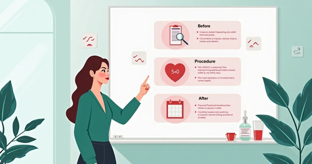Ilustração de mulher apontando para passos de cuidados com preenchimento labial em quadro informativo