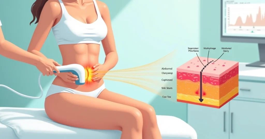 Ilustração de radiofrequência multifrequencial tratanto flacidez corporal com esquema de camadas da pele