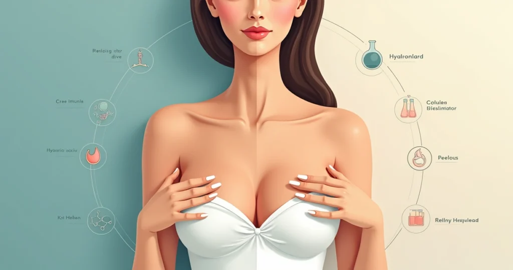 Ilustração de mãos e colo femininos antes e depois do rejuvenescimento estético