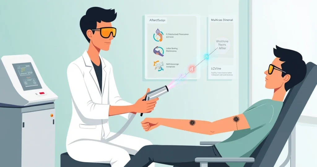 Ilustração de remoção de tatuagem a laser em braço com foco na segurança do procedimento