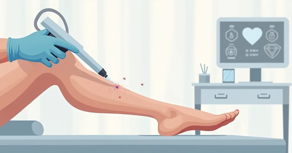Ilustração de tratamento de secagem de vasinhos em perna feminina em clínica de estética