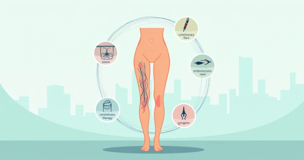 Ilustração de pernas com varizes destacadas e opções de tratamento em clínica moderna