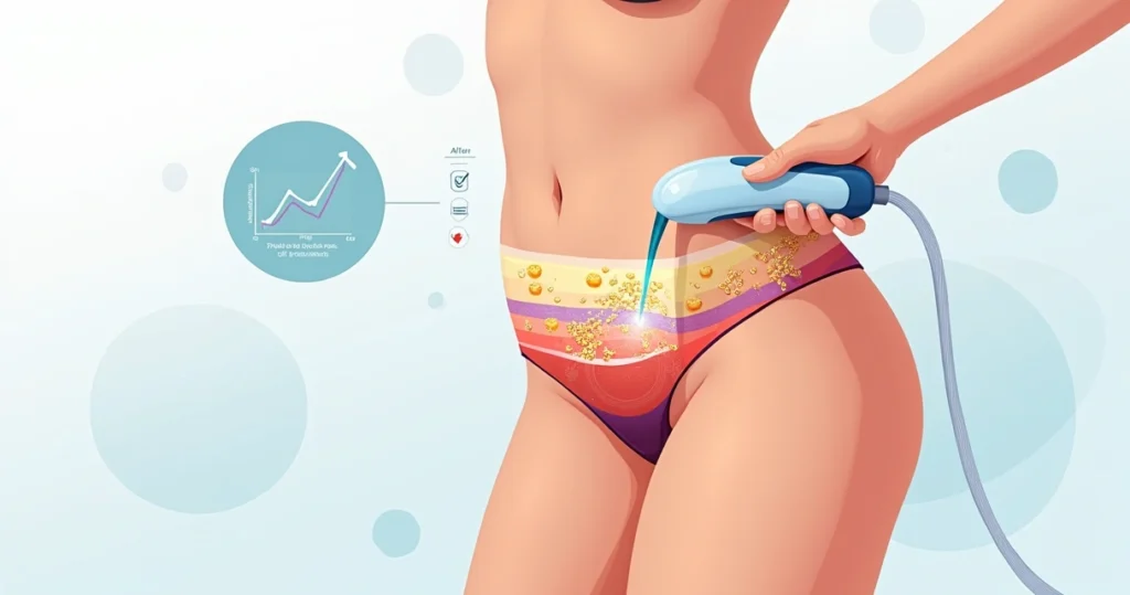 Ilustração de ultrassom estético e correntes terapêuticas atuando na gordura localizada do abdômen feminino