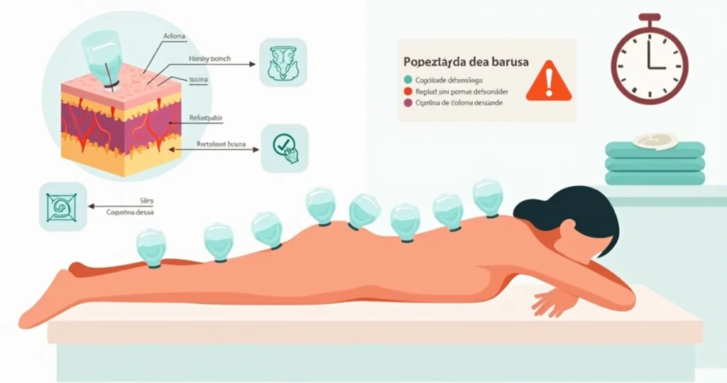 Ilustração de corpo deitado com copos de ventosa em pontos de pressão e gráficos explicando benefícios e riscos da ventosaterapia