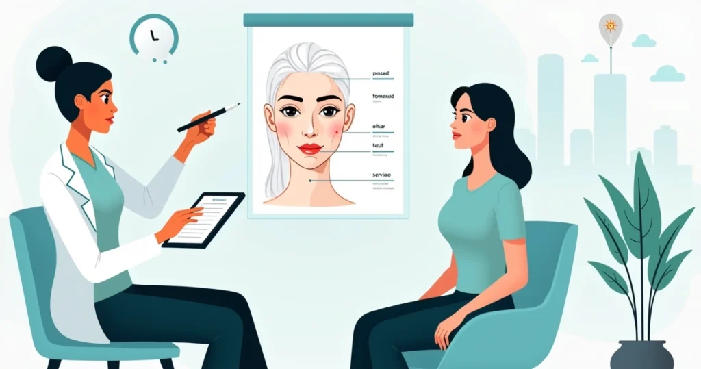 Consulta de botox facial em clínica estética com visão de áreas tratáveis no rosto