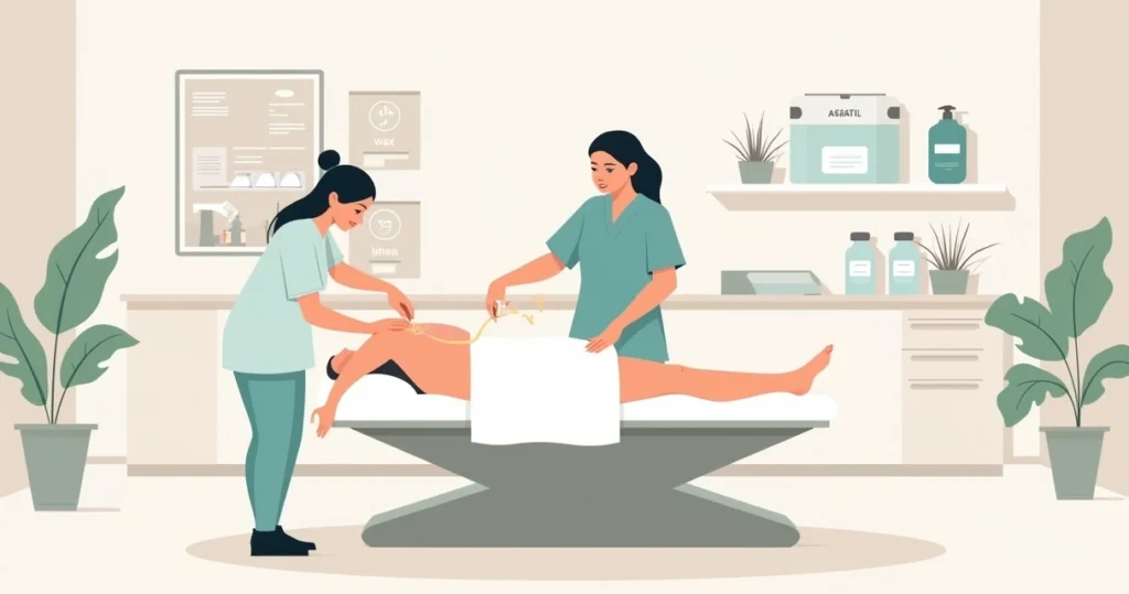 Profissional aplicando depilação a cera nas pernas em clínica estética com ambiente clean