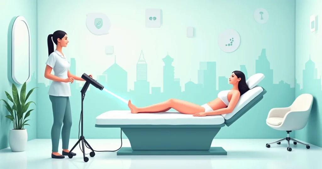 Ilustração de paciente fazendo depilação a LED nas pernas em clínica de estética moderna
