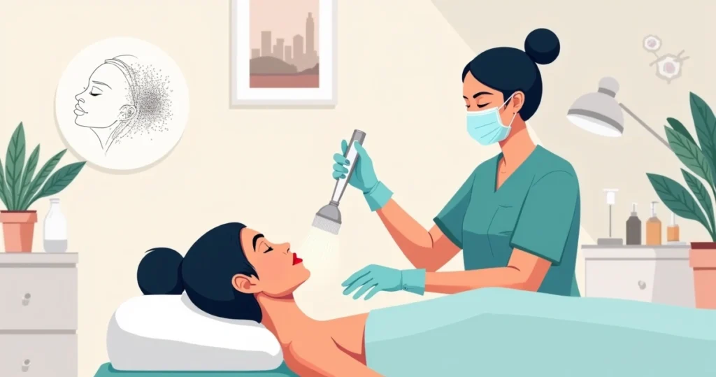 Ilustração de dermaplaning facial em clínica estética com pele lisa e luminosa