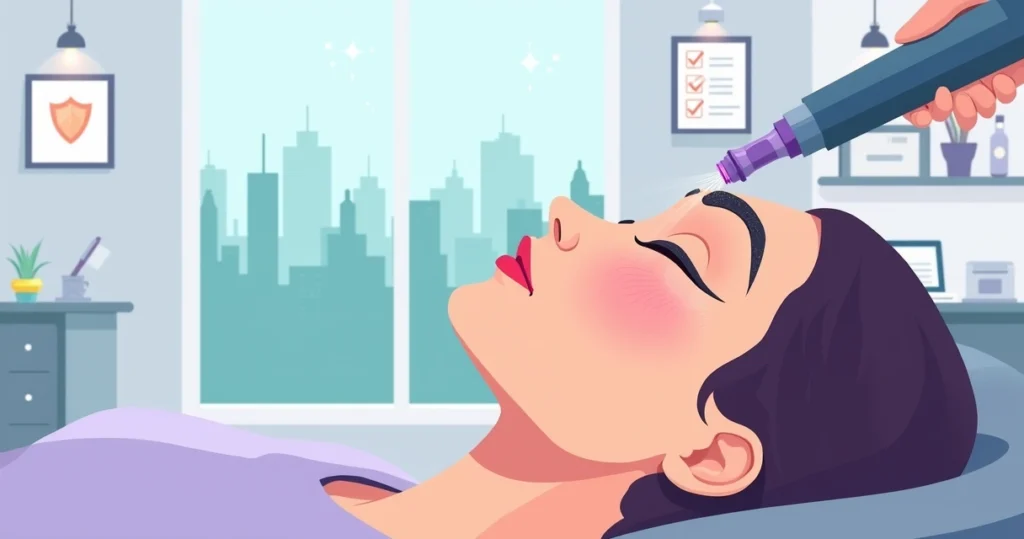 Ilustração flat mostrando sobrancelhas sendo despigmentadas a laser em clínica estética moderna