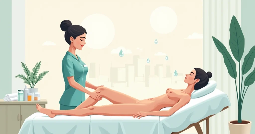 Mulher relaxando em maca enquanto profissional realiza drenagem linfática em clínica moderna