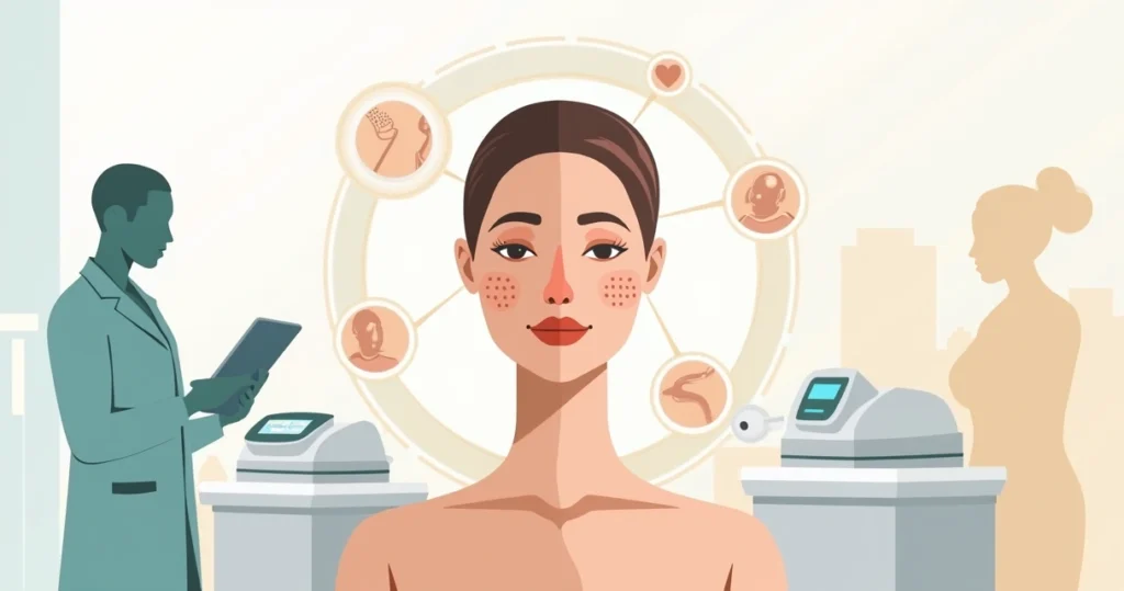 Ilustração de rosto feminino em destaque com procedimentos estéticos faciais avançados em clínica moderna