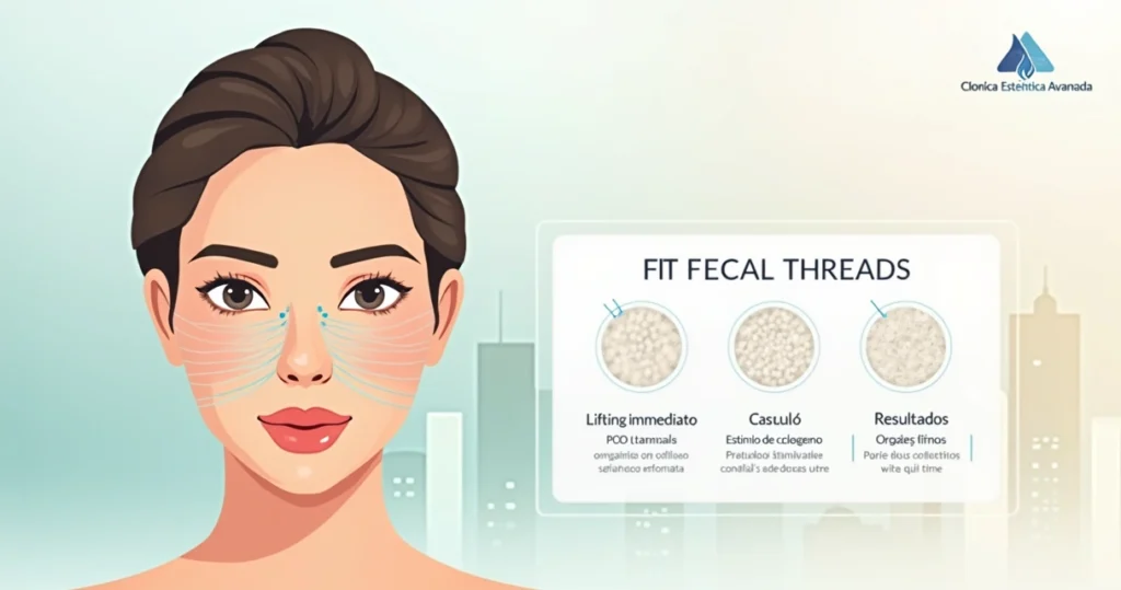 Ilustração plana explicando aplicação de fios de PDO para flacidez facial