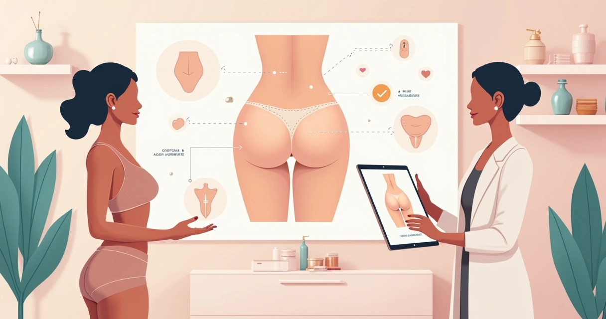 Ilustração de avaliação para harmonização de glúteos em clínica