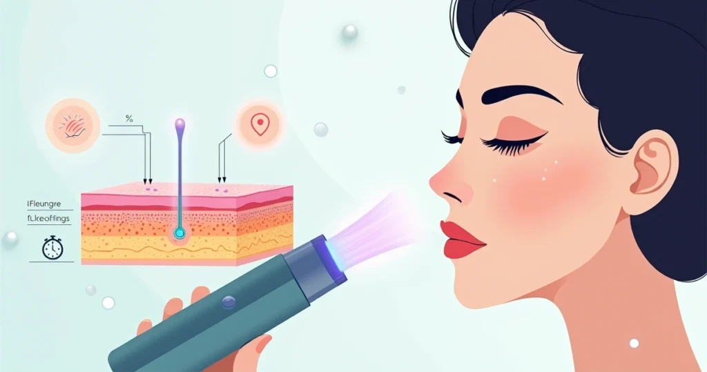 Ilustração de jato de plasma atuando na pele do rosto feminino em clínica estética moderna