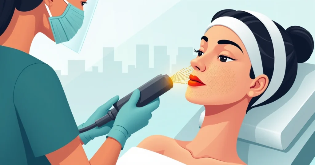 Ilustração de aplicação de laser CO2 fracionado em rosto feminino em clínica estética moderna
