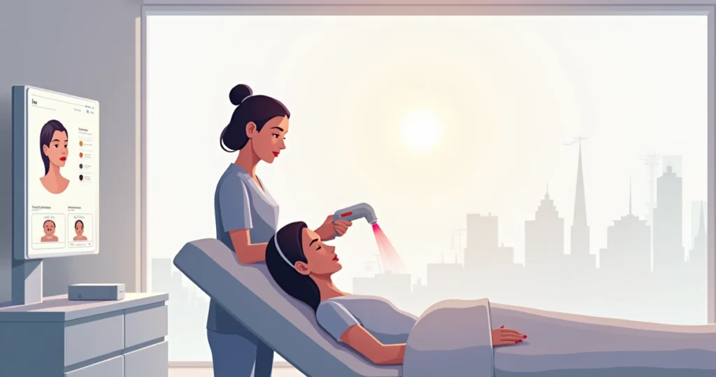 Ilustração de tratamento de melasma com laser Lavieen no rosto em clínica estética moderna
