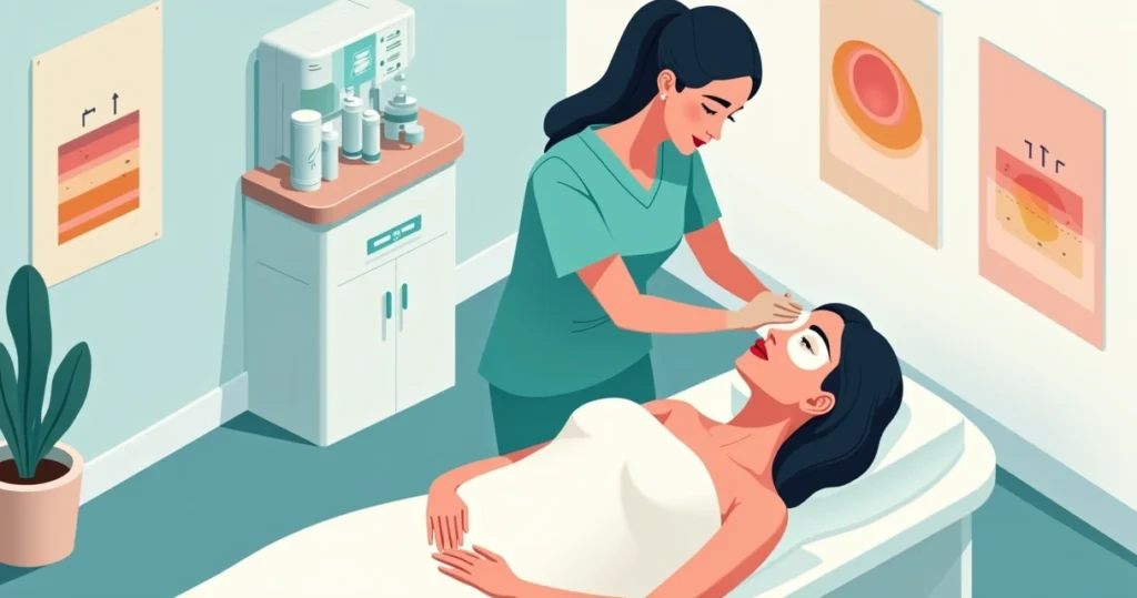 Ilustração de mulher em maca com máscara de peeling facial em clínica moderna
