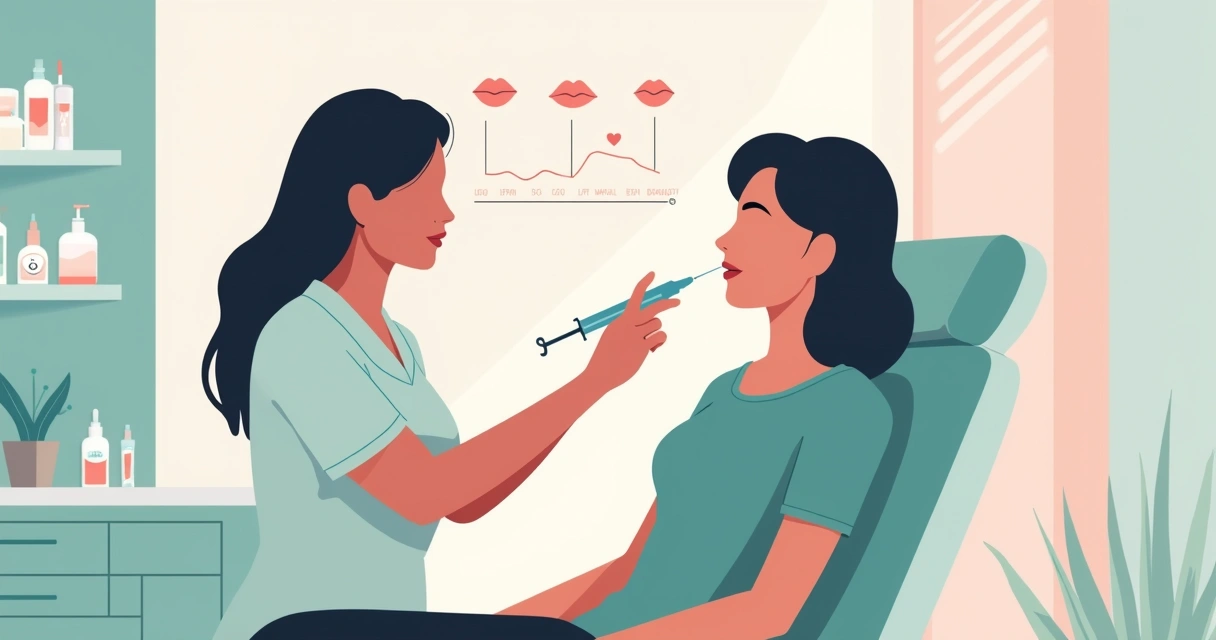 Ilustração de preenchimento labial em ambiente clínico