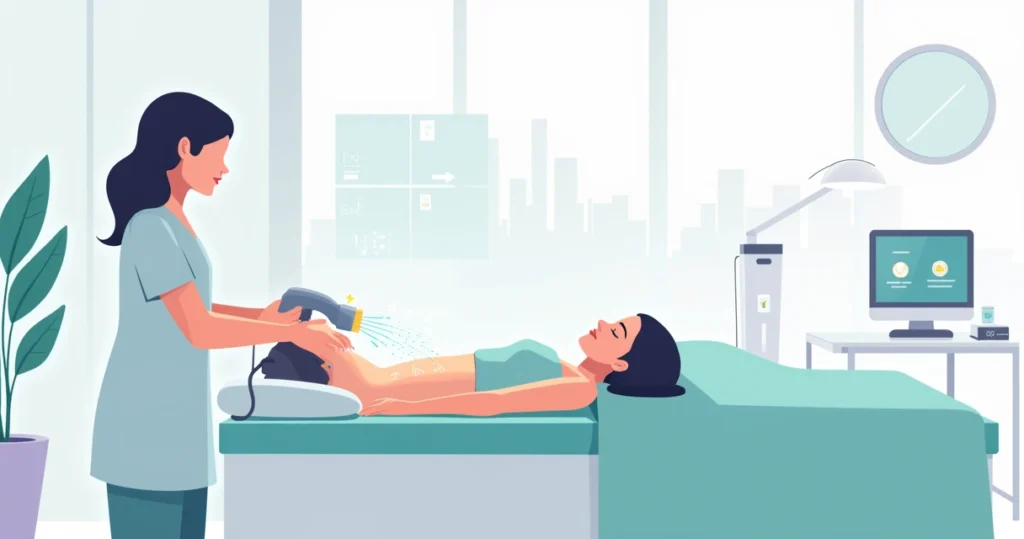 Ilustração de mãos e colo femininos recebendo tratamento de rejuvenescimento em clínica estética moderna