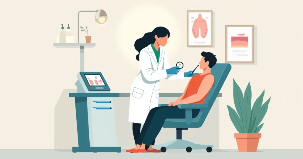 Dermatologista realizando remoção de pinta com laser em consultório moderno