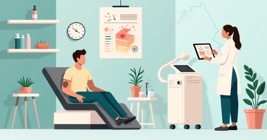 Paciente em consulta sobre remoção de tatuagem a laser com profissional em clínica moderna