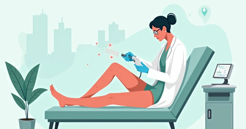 Ilustração de profissional aplicando laser em vasinhos nas pernas de paciente em clínica estética moderna