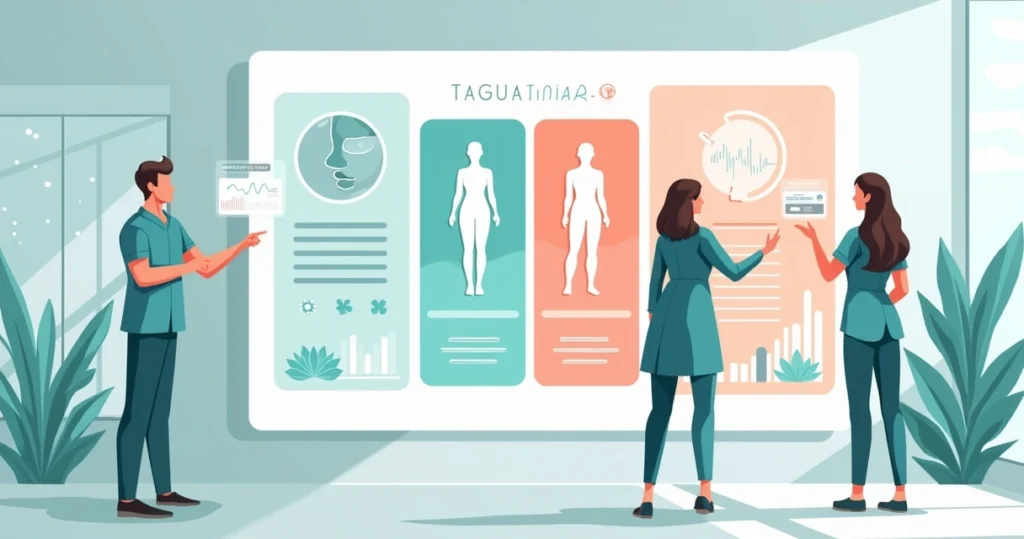 Ilustração de profissionais apresentando serviços avançados de estética em painel moderno