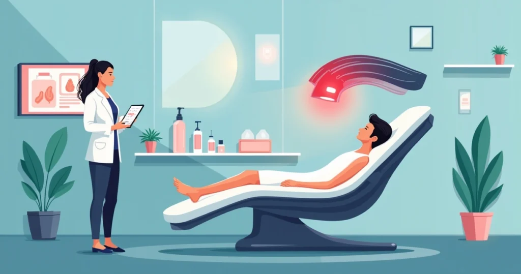 Ilustração de paciente recebendo tratamento capilar a laser em clínica estética