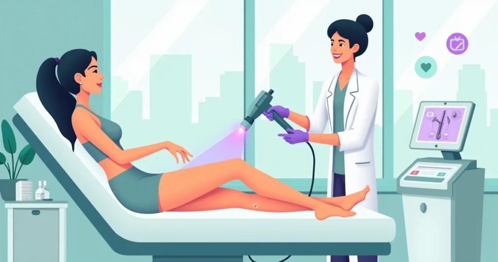 Ilustração de pernas femininas com veias sendo tratadas a laser em clínica moderna
