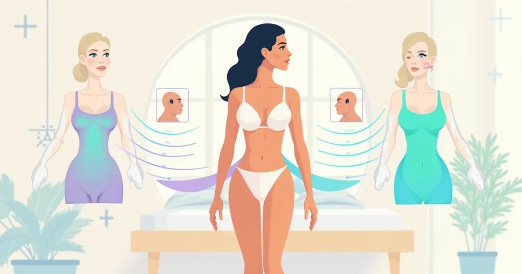 Ilustração de mulher em destaque com esquema de lifting facial e corporal com Ultraformer MPT
