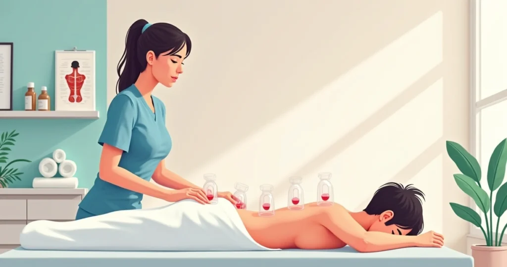 Profissional aplicando ventosas nas costas de paciente em clínica de estética
